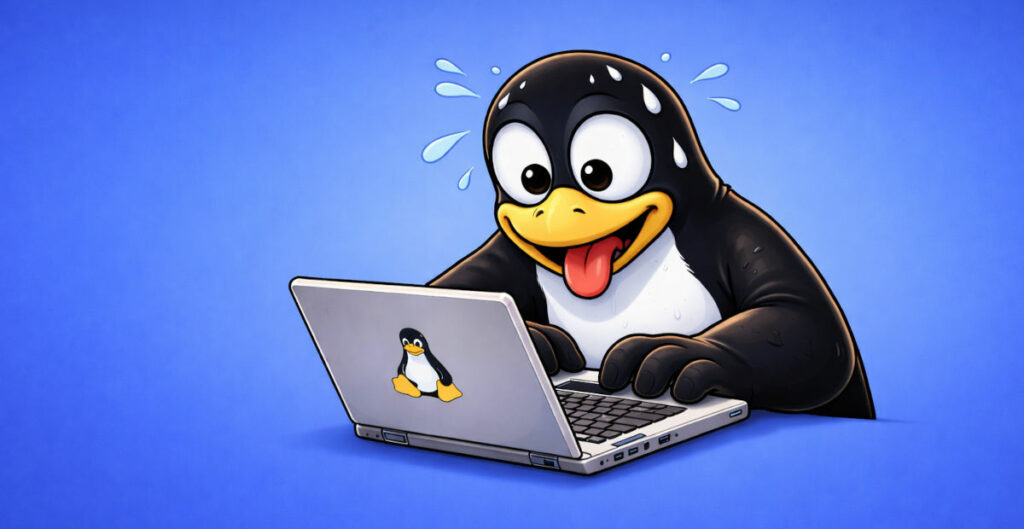 Tux treballant emocionat amb un portàtil amb Linux