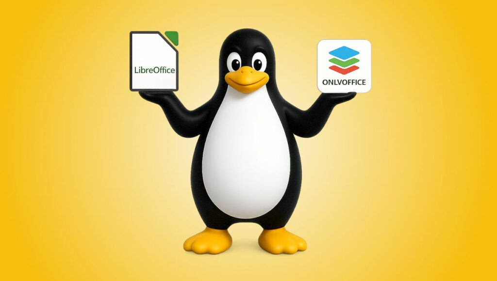 Tux aguanta a les mans els logos de LibreOffice i OnlyOffice