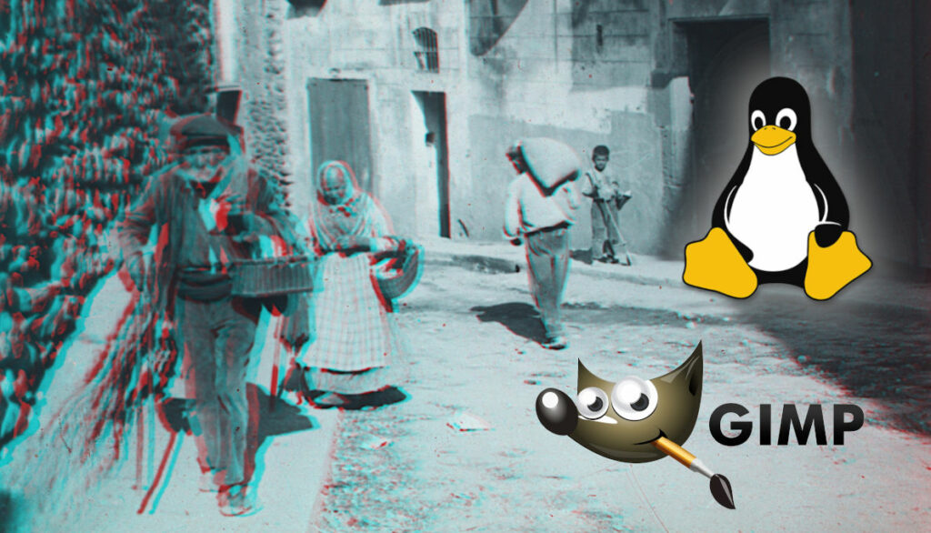 Foto anàglifa del Dr. Claudi Sala amb els logos de Tux i Gimp sobreposats