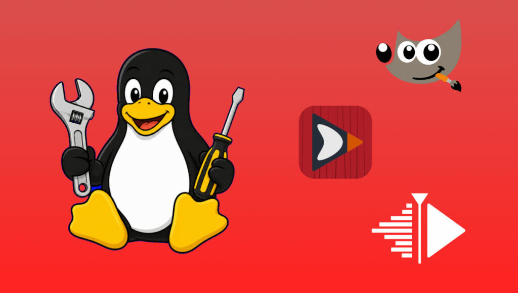 Tux agafa eines. Al seu costat els logos de GIMP, LSP i Kdenlive