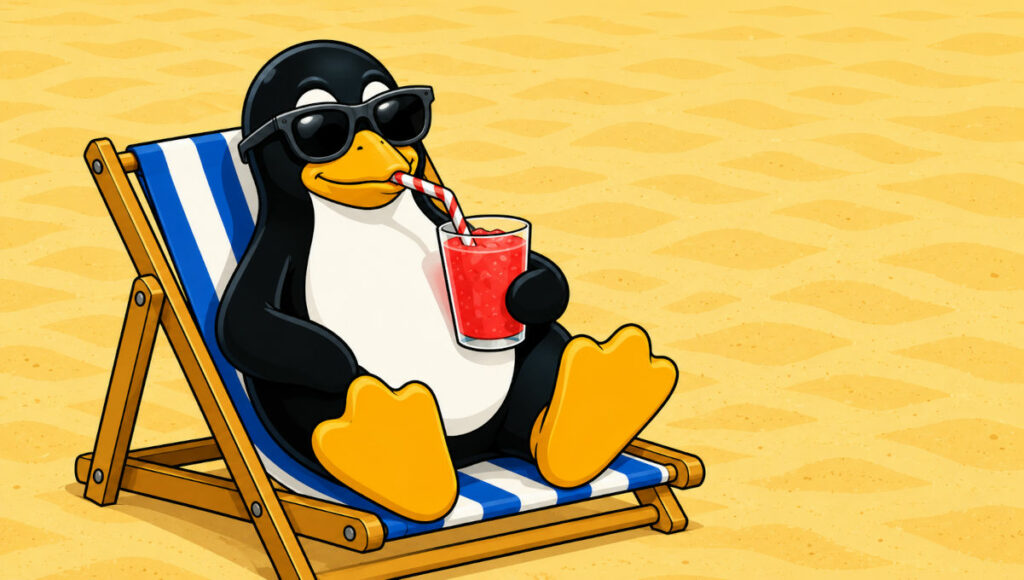 Tux pren un refresc a la platja estirat en una tombona